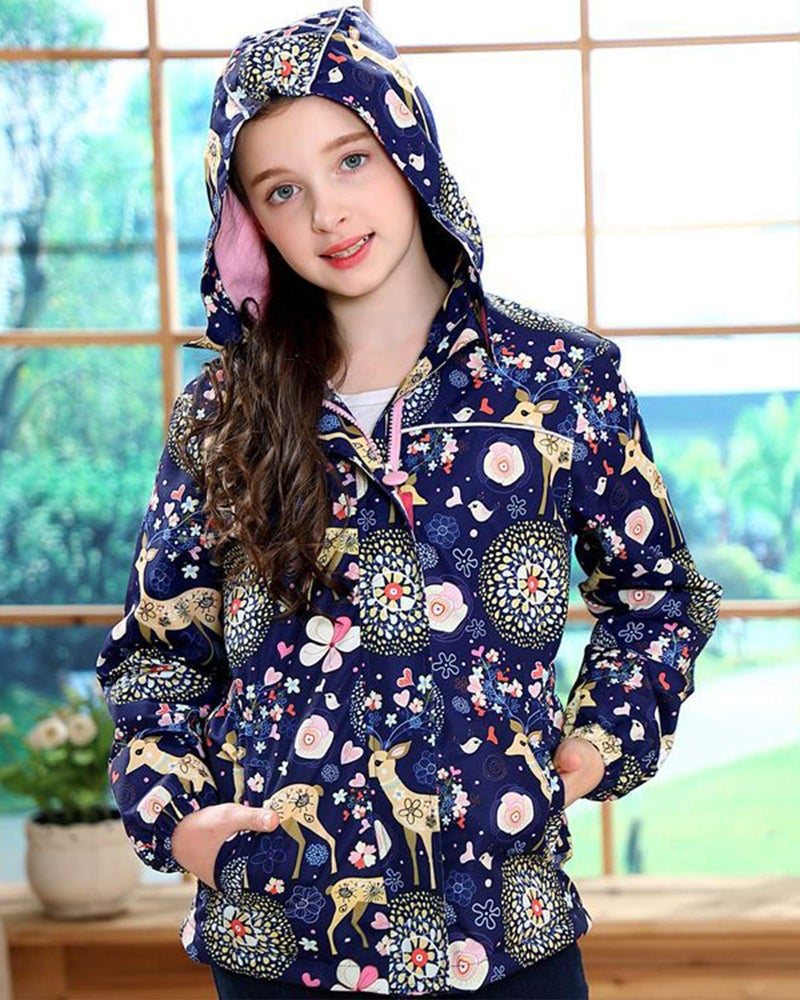 Resogaa Girls Rain Jacket Kids Hooded Raincoat Windbreaker with Fleece Lining (2901, 8) - Image 2